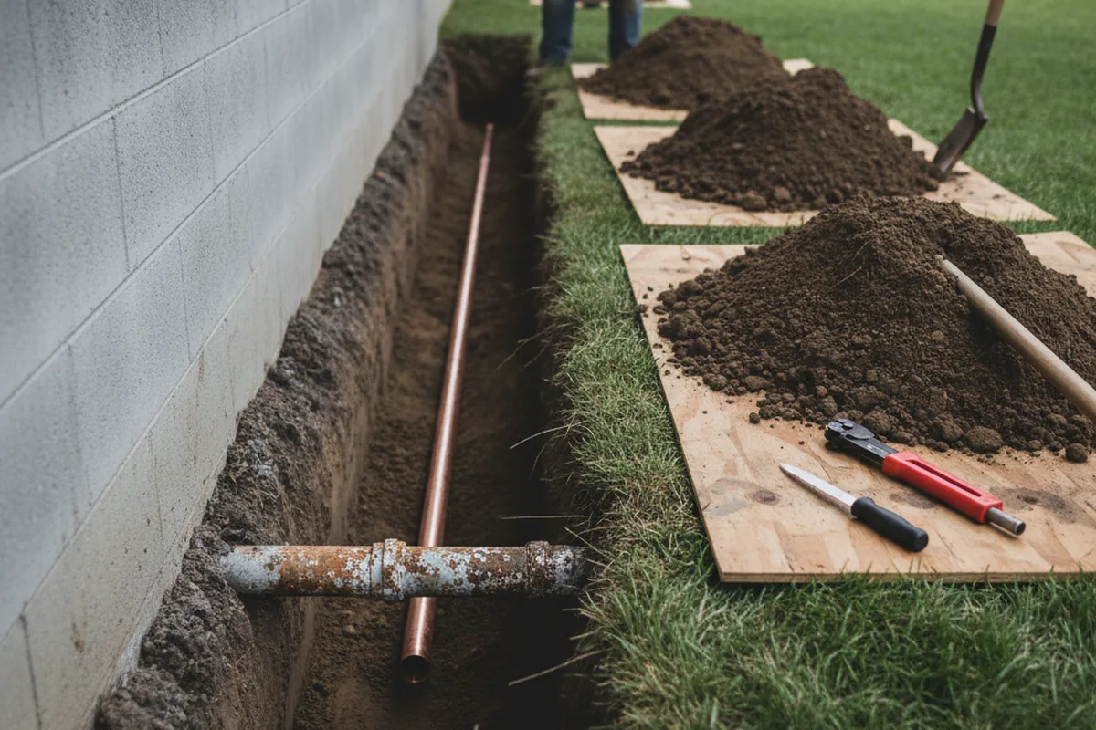 Excavated water line trench during Sewer Line Repair in Great Bend